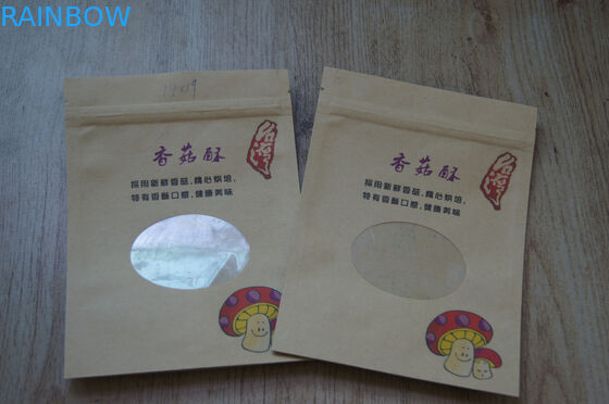 Snack Kraft Özelleştirilmiş Kağıt Torbalar Kahverengi Baskılı Fermuar ve Pencereli Stand Up