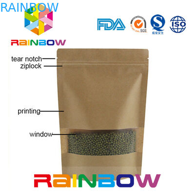 Kahverengi Kraft Kağıt Özelleştirilmiş Kağıt Torbalar Doypack Kilitli Pencereli Kuru Gıda Ambalaj Torbası