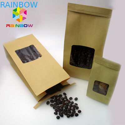 Özel Baskılı Folyo Astarlı Kraft Kağıt Stand Up Çanta Çanta Kahve Çekirdeği Için Temizle Pencereli