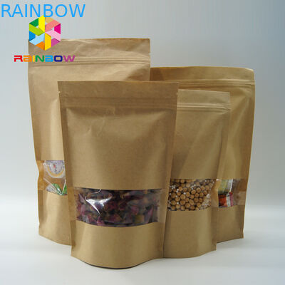 Costomized Size Kraft Kağıt Torbalar Oval Pencere Yiyecek / Kuru Et / Deniz Ürünleri