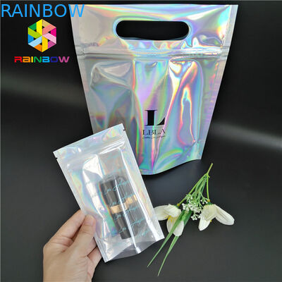 Plastik Hologram Mylar Fermuarlı Kozmetik Ambalaj Çantası CMYK Renkli Temizle Pencere