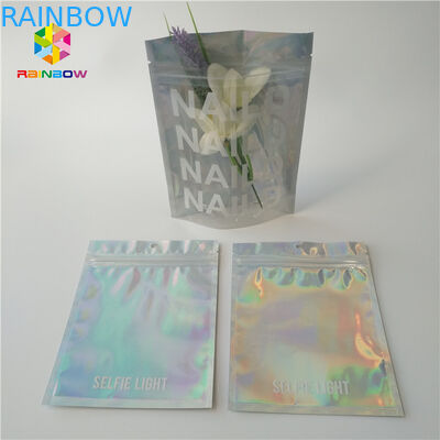 Plastik Hologram Mylar Fermuarlı Kozmetik Ambalaj Çantası CMYK Renkli Temizle Pencere