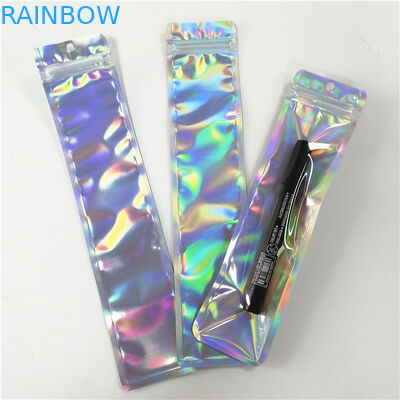 Makyaj aleti kalem ambalajı için fermuarlı özel baskılı plastik hologram düz torbalar