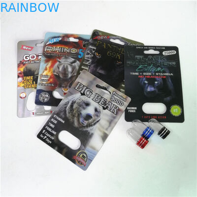 Cinsel Geliştirme Hapları Ambalaj Rhino Max 150K 3D Blister Kartları Toz Seks Kapsülü İçin Kağıt Kutulu