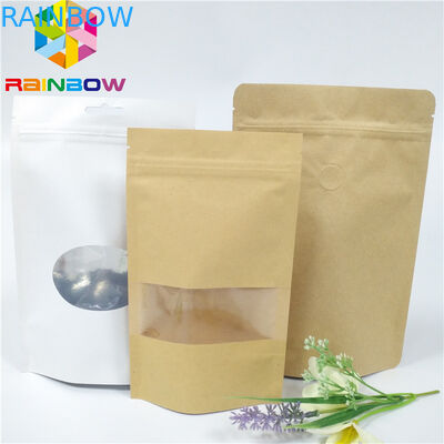 Özel Baskılı Kağıt Torbalar Kilitli Kahverengi Kraft Torba, Kahve / Çay İçin Pencereli Stand Up Ambalaj Torbası