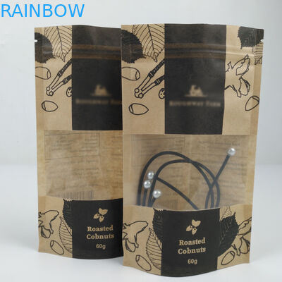 Snack Suya Dayanıklı Stand Up Lamine Kahverengi Kraft Kağıt Kilitli Çantalar Pencereli