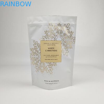 Yumuşak dokunuşlı ayağa kalkan poşet özel basılı fermuarlı gıda şekerli vücut fırçası ambalajlama plastik banyo tuz poşeti