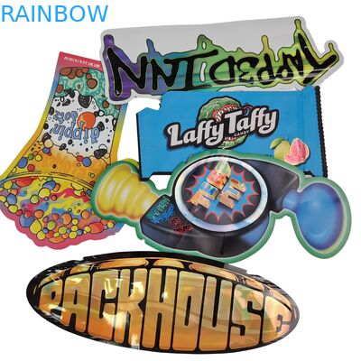 Yeniden Kapatılabilir Fermuarlı Holografik Şekilli Kalıp Kesim Mylar Torbalar Alüminyum Folyo Isı Yalıtımlı Kalıp Kesim Düzensiz Poşet Mantar Şekerlemeleri İçin