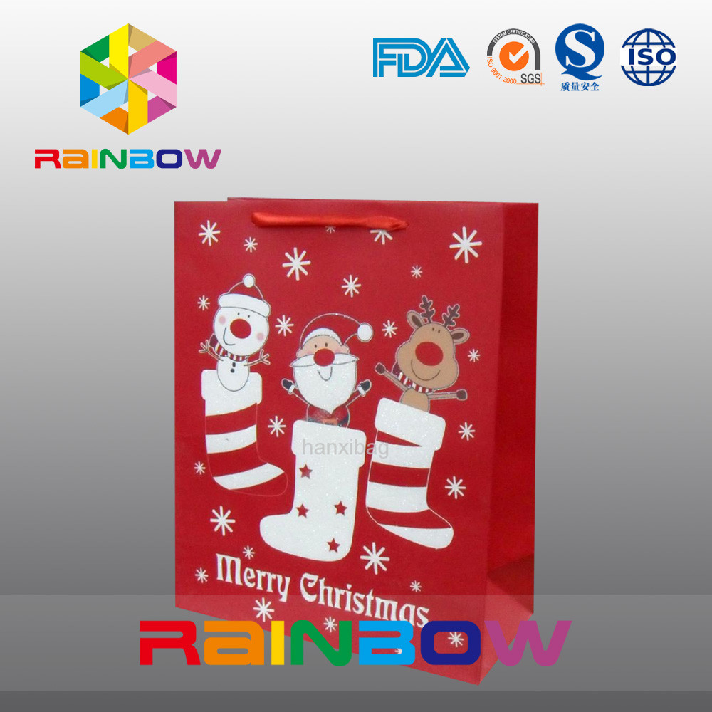 Kırmızı Özel Kağıt Torbalar Noel Hediye Çantası Kırmızı Halatlı / Sevimli Baskılı