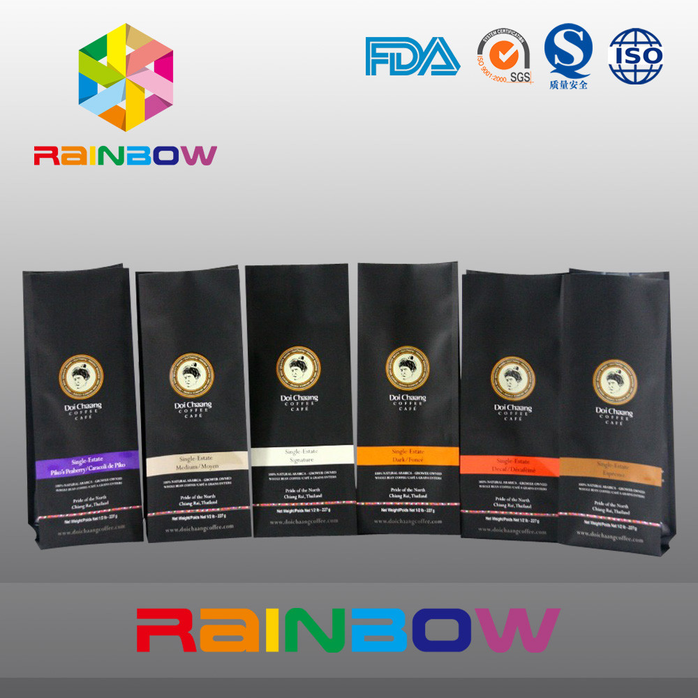 Siyah Özelleştirilmiş Baskılı Alt Gusset Çanta, Fermuar / Valve ile Plastik Kahve Kılıfı