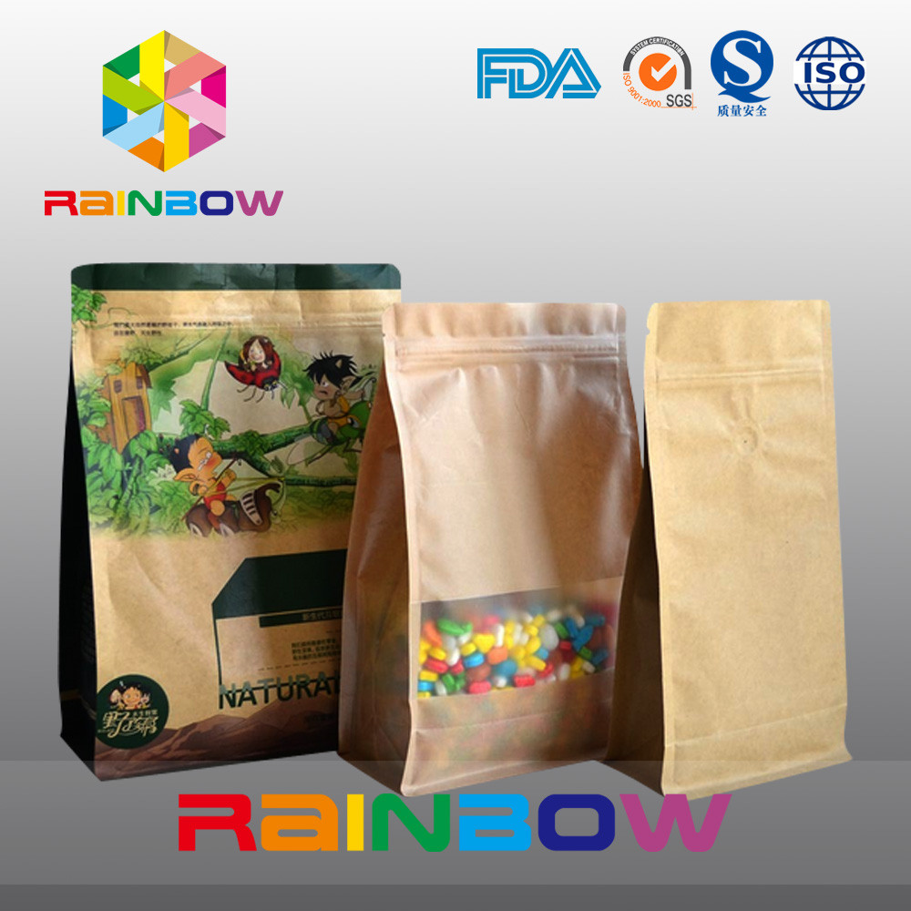 Özelleştirilmiş Stand Up Kraft Kağıt Torba, Kuru Gıda İçin Düz Tabanlı Guesst Çantası / Fermuarlı Şeker