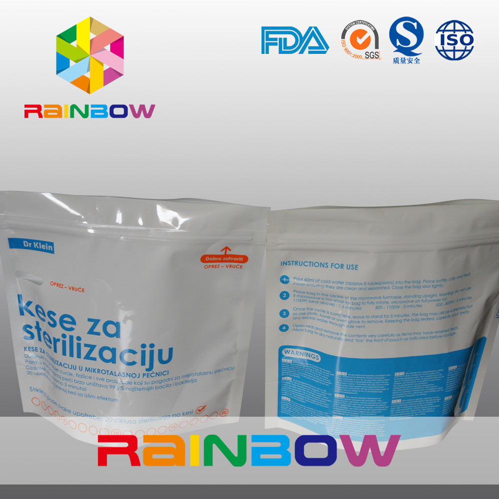 Lamine Malzeme stand up up Mikrodalga Sterilizatör Kılıfı Çanta ile bebek şişe için kilitli / fermuar mikrodalga poşet
