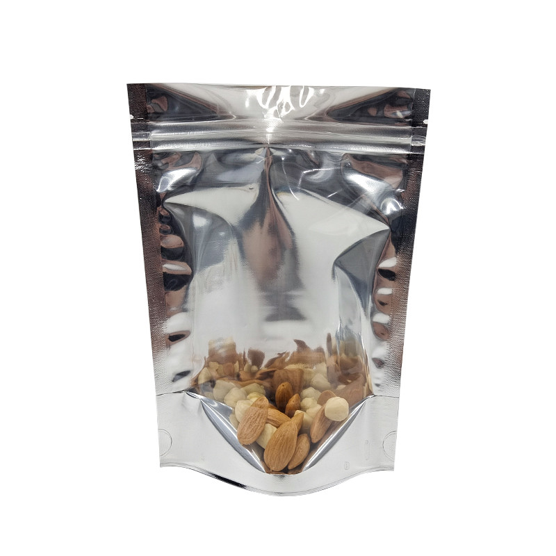 CMYK Alüminyum Folyo Ambalaj Mylar Doypac Şeffaf Pencere Ön Gümüş Arka Stand Up Açılıp Kapanabilir