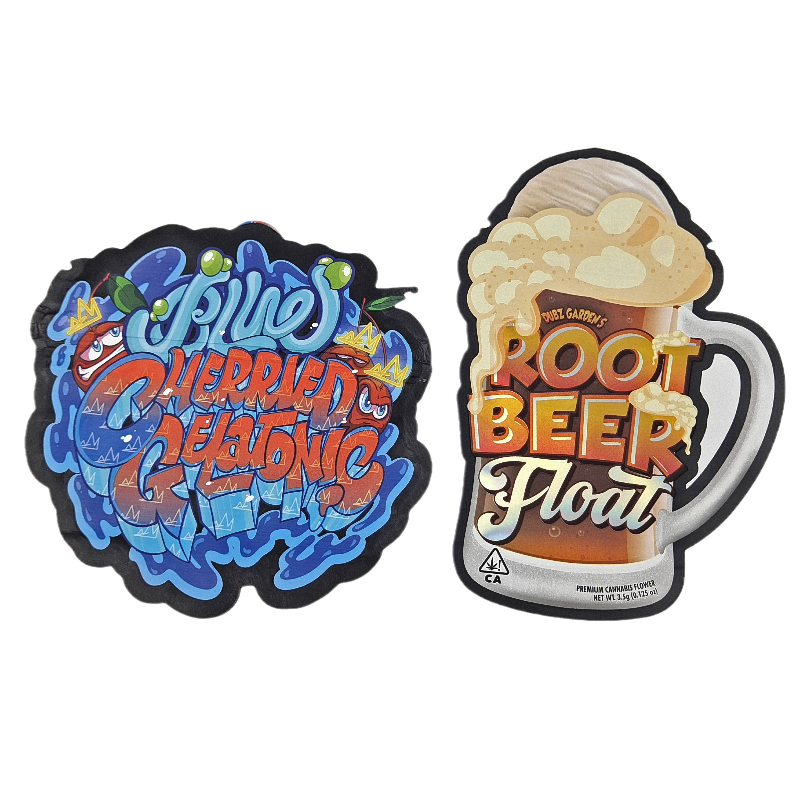 Öldürme kesimi özel düzensiz özel şekli plastik çocuk geçirmez Mylar Paketleme fermuarlı 3.5g gıda sınıfı özel şekli Mylar