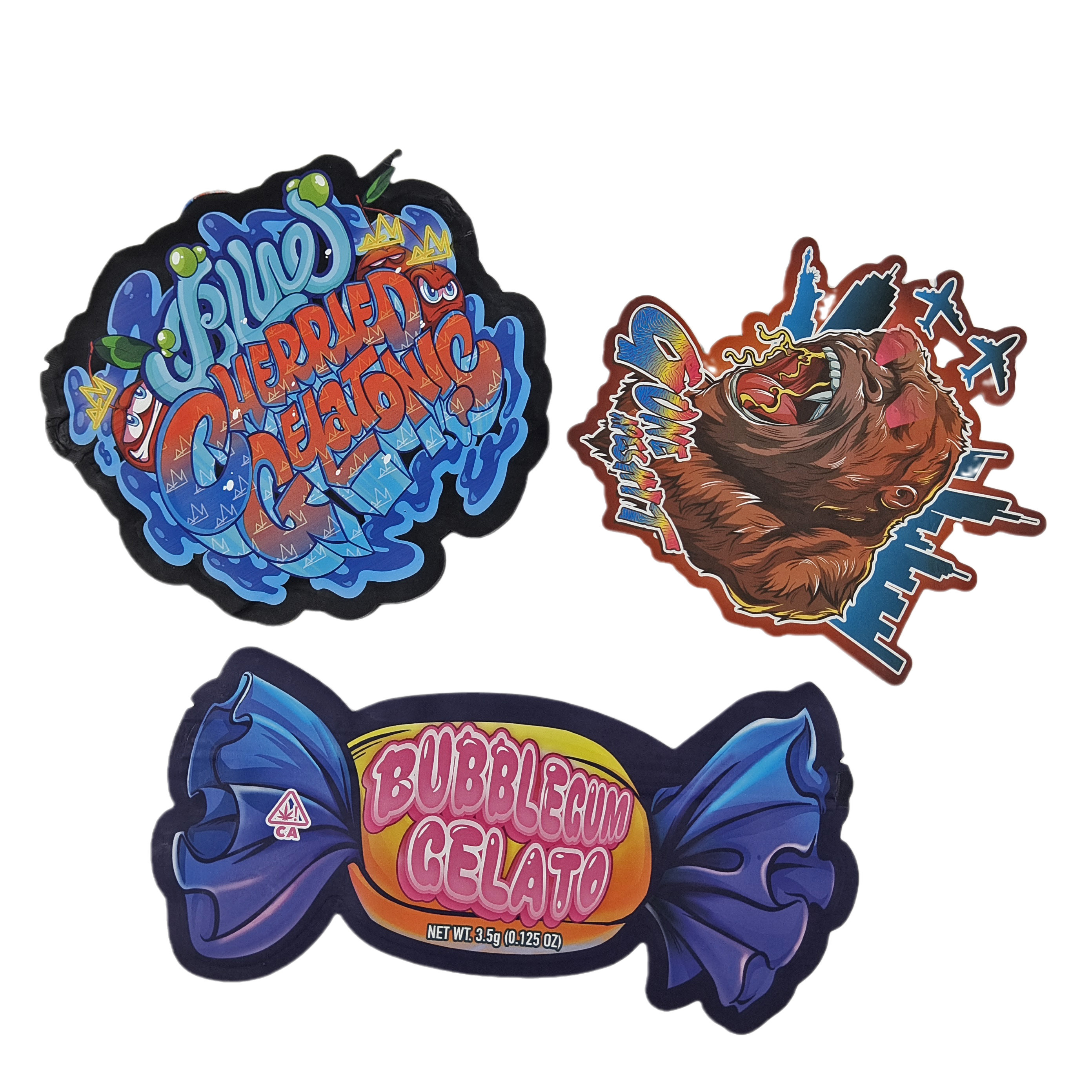 Özel Dijital Baskı Ölçülü Kesim Düzensiz 3.5g Torba Özel Şekilli Gıda Plastik Ziplock Ambalajı Mylar Torbaları