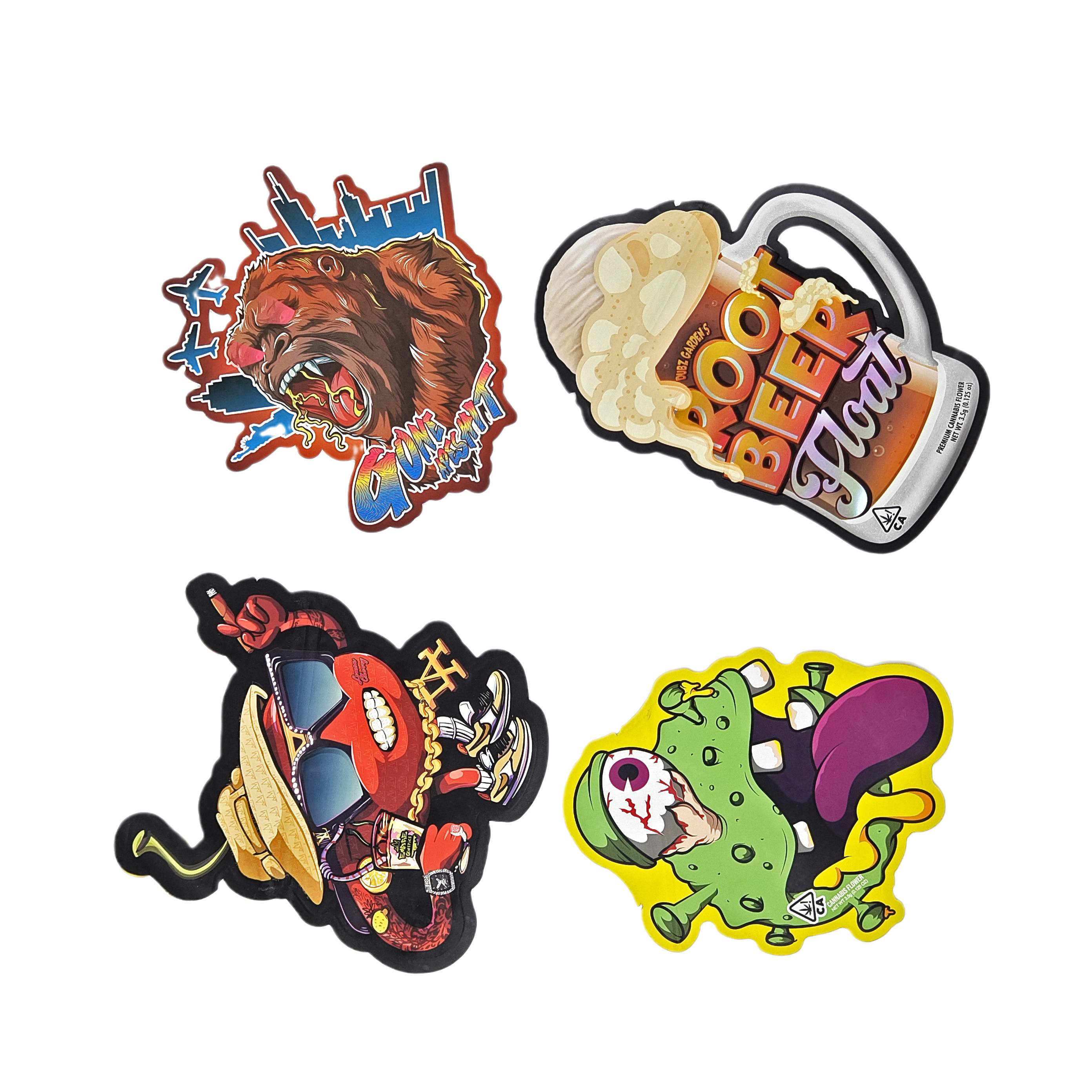 3.5g 7g Özel Baskı Özel Örtü Düzensiz Şekilli Mylar Torbaları Fermuarlı Kokusuz Atıştırmalık Ambalajı Mylar Torbaları