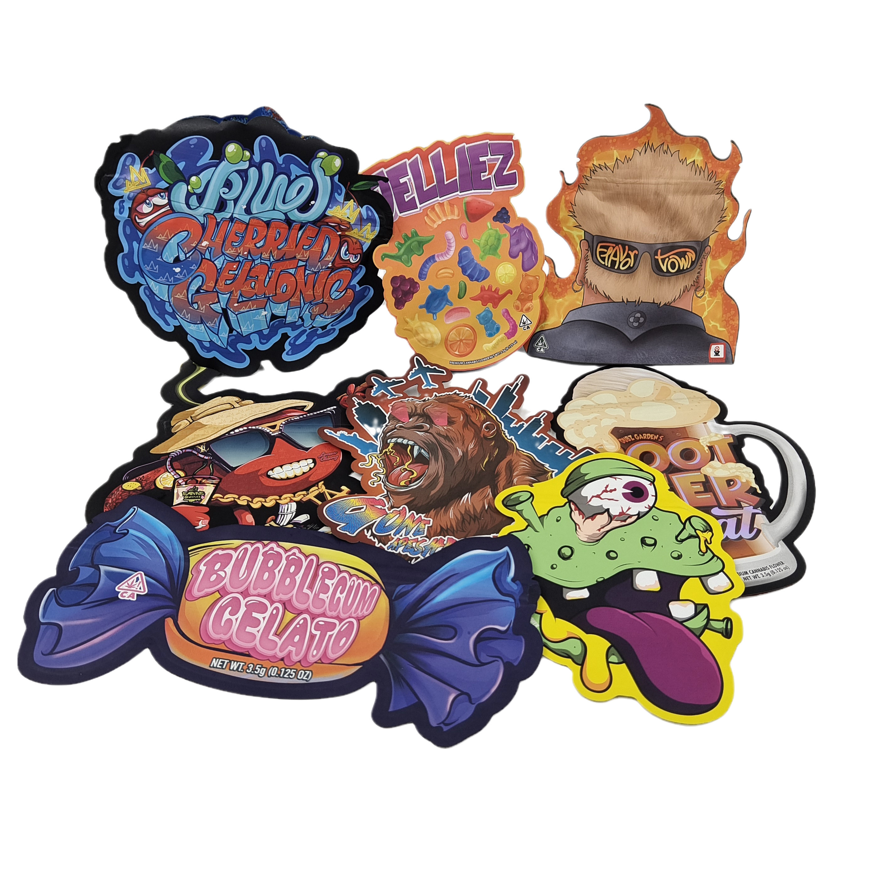 3.5g Özel Baskılı Mylar Torbaları Düzensiz Şekilli Döşeme Kesilmiş Ziplock Torbaları Atıştırmalık Kurabiye Şekerleri için Paketleme Torbaları