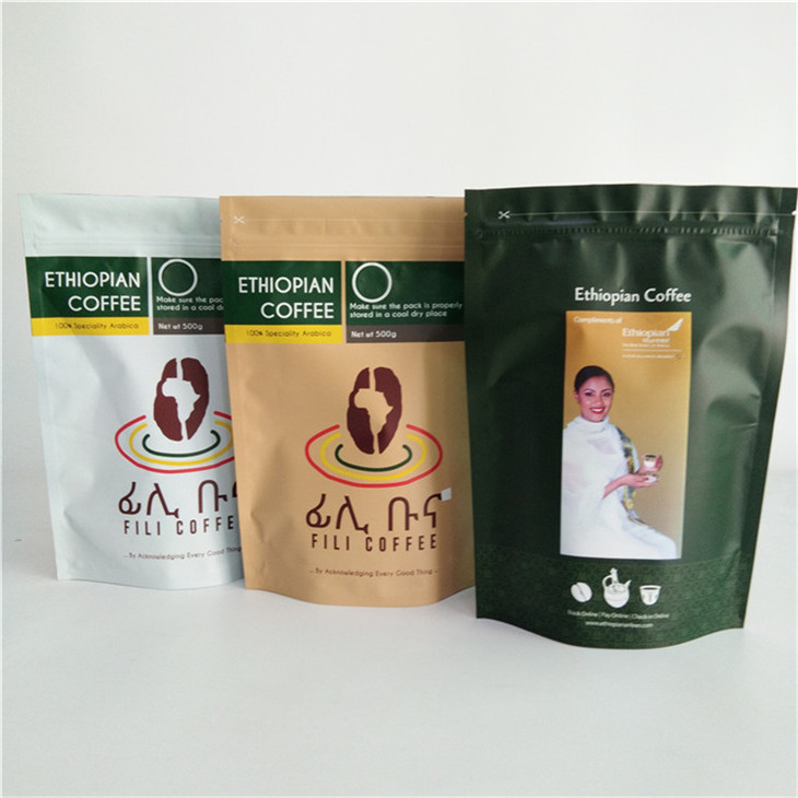 Çevre dostu özel kağıt esnek ambalaj Kraft Kahve Ziplock 250g 500g ve 1kg için ayağa kalkan poşet