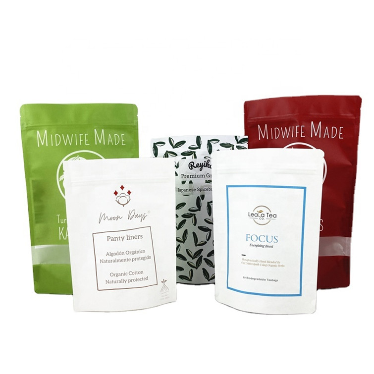 Biyolojik olarak ayrıştırılabilir özelleştirilmiş logo 100g 250g Çay Kahve Kuru Meyve Paketleme Torbası Geri Dönüştürülebilir Stand Up Pocket