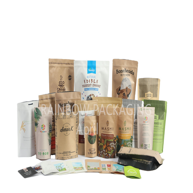 Özel Gıda Derecesi PLA Kahverengi Kraft Kağıt Torbaları Mangos Toz Gıda Pet Treats Edible Packaging Bags Mylar With Zipper