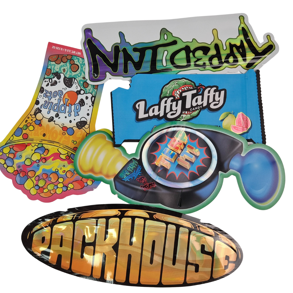 Yeniden Kapatılabilir Fermuarlı Holografik Şekilli Kalıp Kesim Mylar Torbalar Alüminyum Folyo Isı Yalıtımlı Kalıp Kesim Düzensiz Poşet Mantar Şekerlemeleri İçin