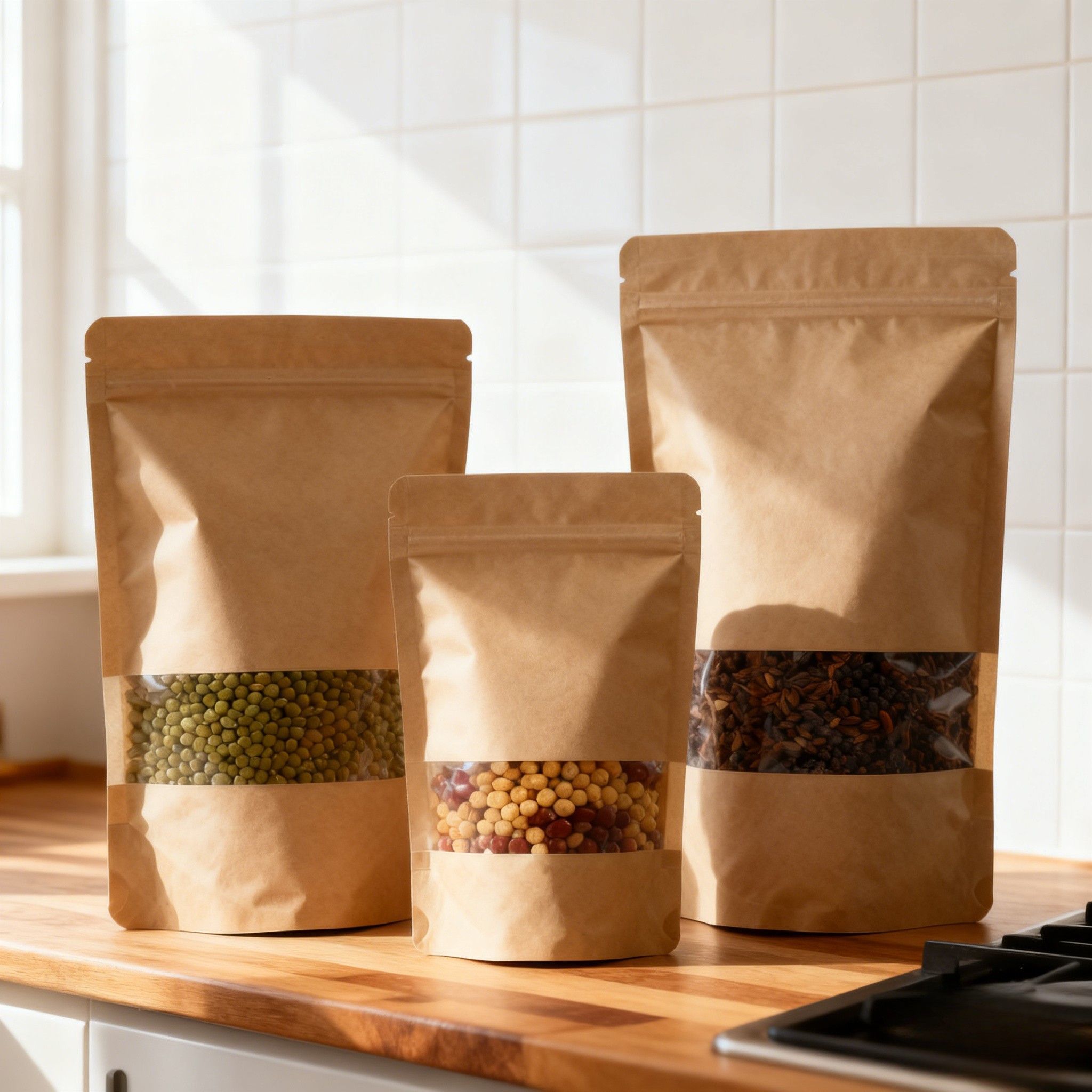 Besin ambalajı için özelleştirilmiş Biyodegradable Nem Kanıtlı Stand Up Pouch Kraft Kağıt Torbası