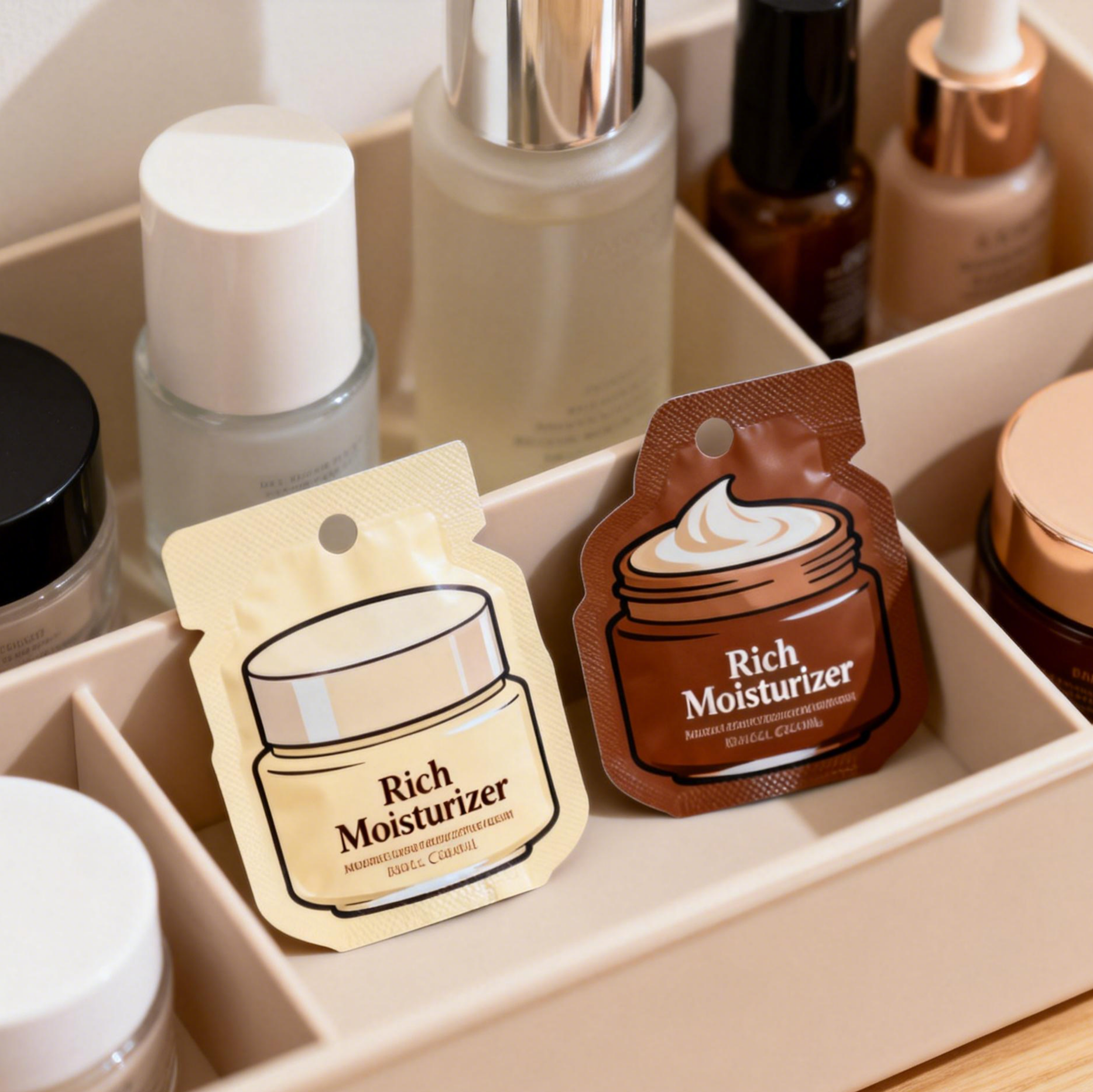 Özel cilt bakımı losyon kremi ambalajlama plastik küçük kozmetik numune kesesi mylar folyo torbaları ısı mühürü torba keseleri küçük mini poşet