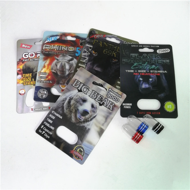 Cinsel Geliştirme Hapları Ambalaj Rhino Max 150K 3D Blister Kartları Toz Seks Kapsülü İçin Kağıt Kutulu