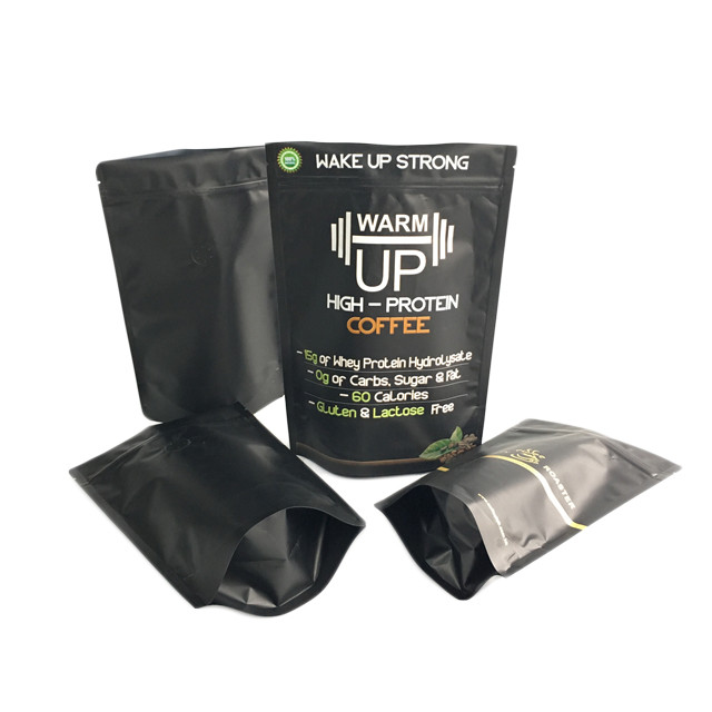 Altın baskı Kahve Torbası Mat Siyah Kaplama Folyo Stand Up Fermuarlı Ambalaj Çantası