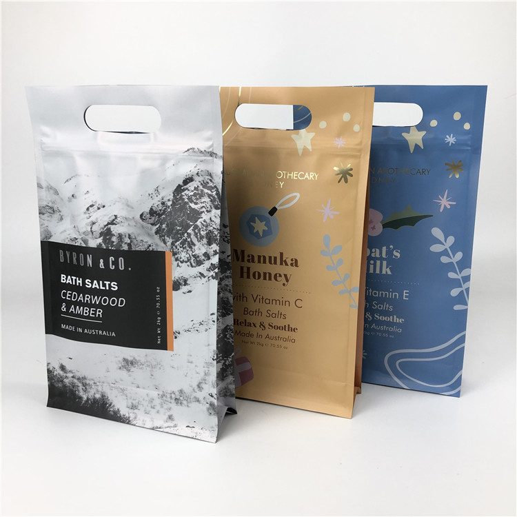 Düz Tabanlı Zip Kilidi Gıda Sınıfı Düz ​​Tabanlı Çantalar, Vücut Ovma Paketleme için Saplı